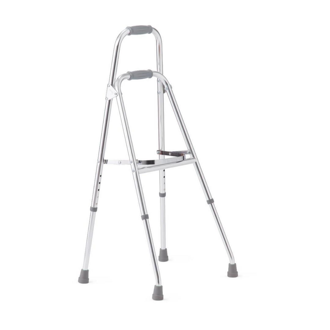 The Medline Sidestepper Adult Hemi Walker is a lightweight, silver mobility aid with dual-level padded handgrips and four rubber-tipped legs for enhanced balance and support.